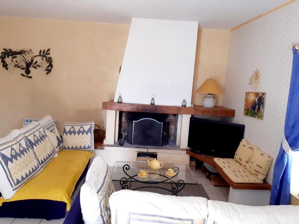 a living room with a couch and a fireplace at Magnifiques maisons de campagne au sein d&#39;un vignoble in Cazouls-lès-Béziers