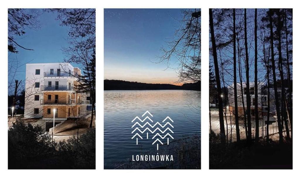 drei verschiedene Ausblicke auf einen See und ein Gebäude in der Unterkunft Apartament Longinówka in Brodnica