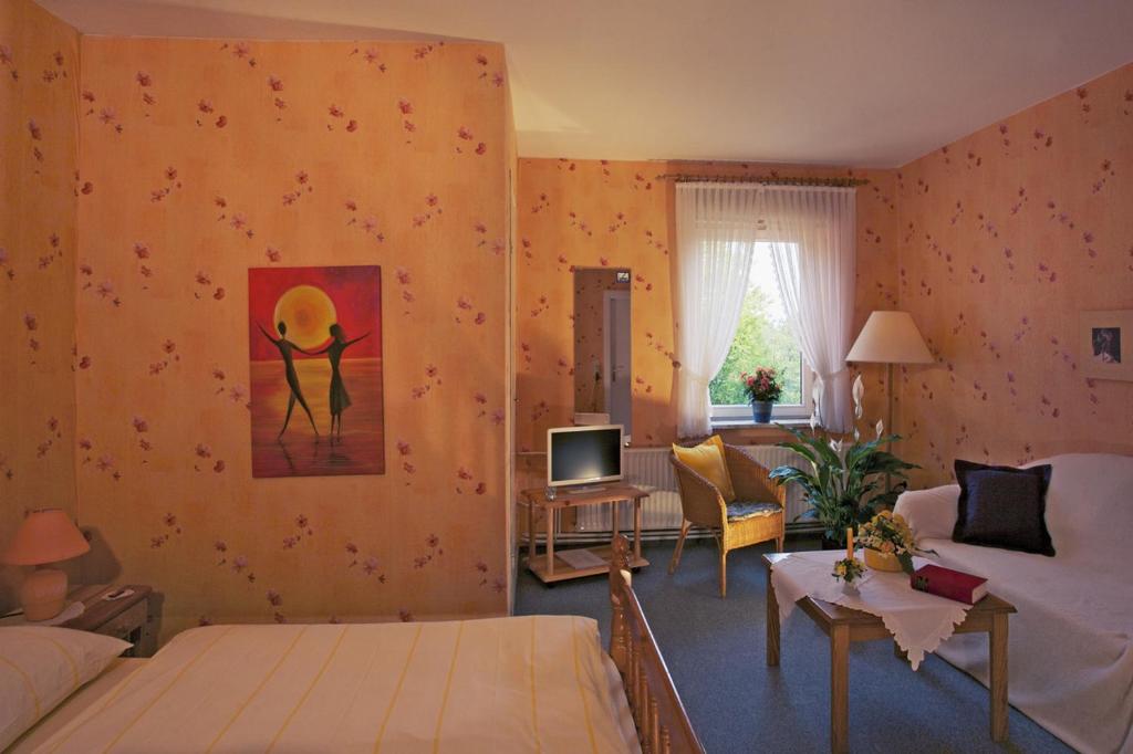 a living room with a bed and a couch and a tv at Hotel Seelust in Hennstedt