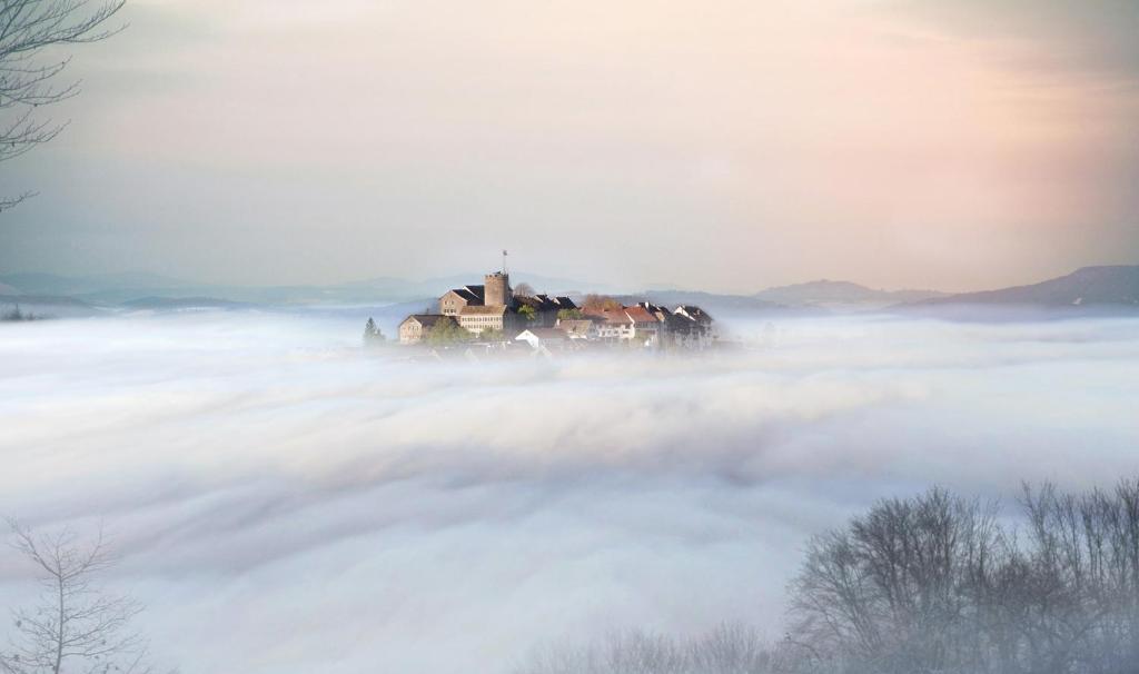 a castle engulfed in a sea of fog at Hotel Krone Regensberg in Regensberg