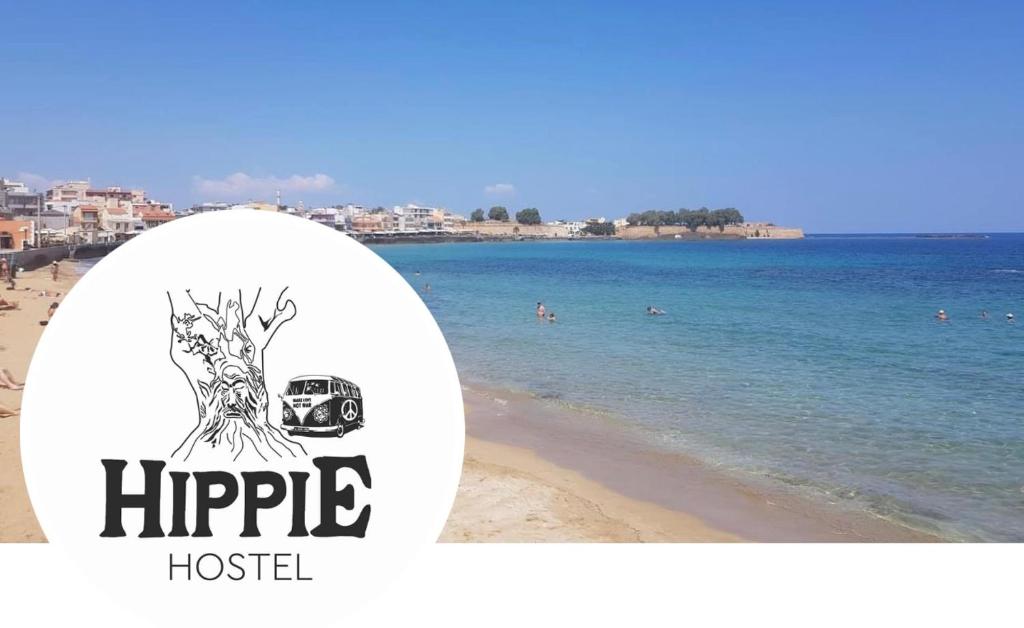 a picture of a beach with a hippie hostel logo at Hippie City Hostel in Chania