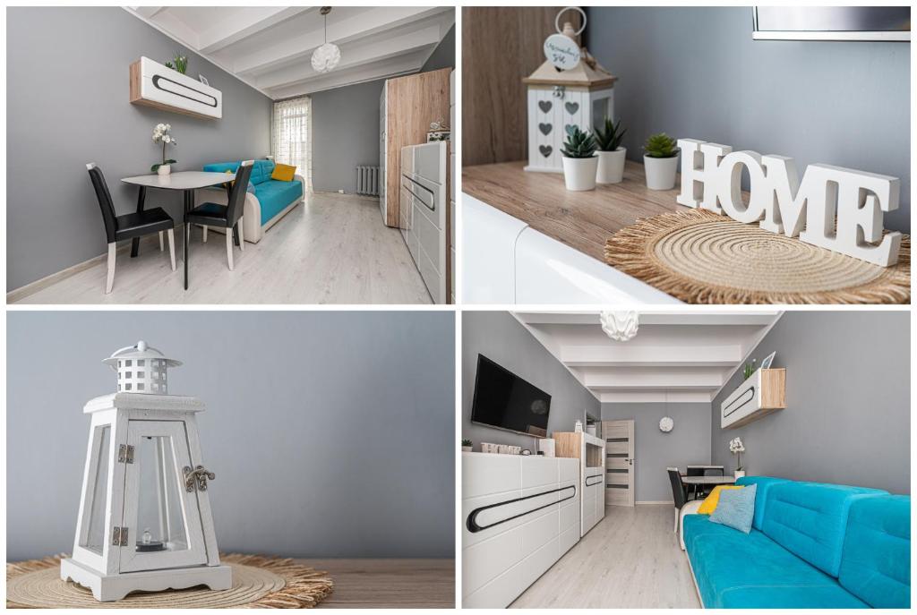 eine Collage mit Fotos eines Zimmers mit einem Haus in der Unterkunft MW Apartamenty - Gdynia Witomino blisko centrum in Gdynia