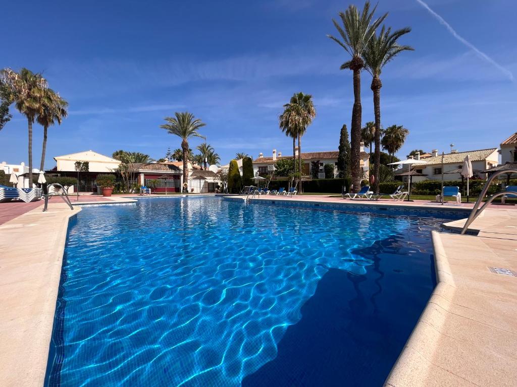 ein großer blauer Pool mit Palmen im Hintergrund in der Unterkunft Sol de Vera Costa in Vera