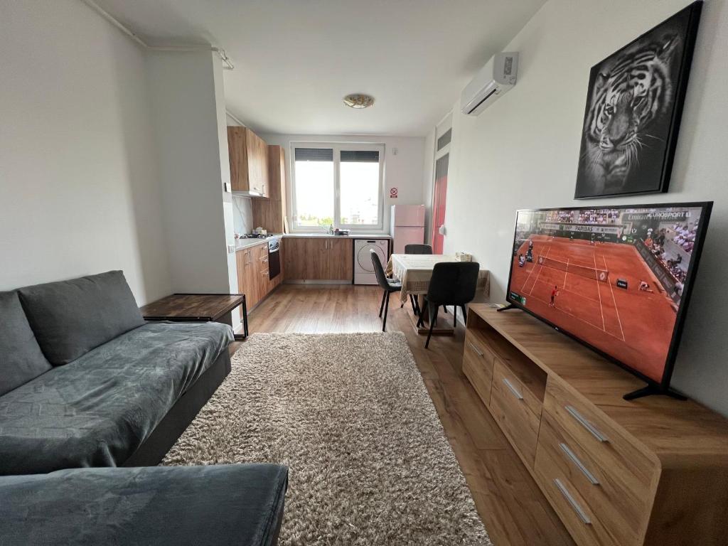 a living room with a couch and a flat screen tv at Apartament nemaipomenit, nou, in Complex Rezid Ared in Arad