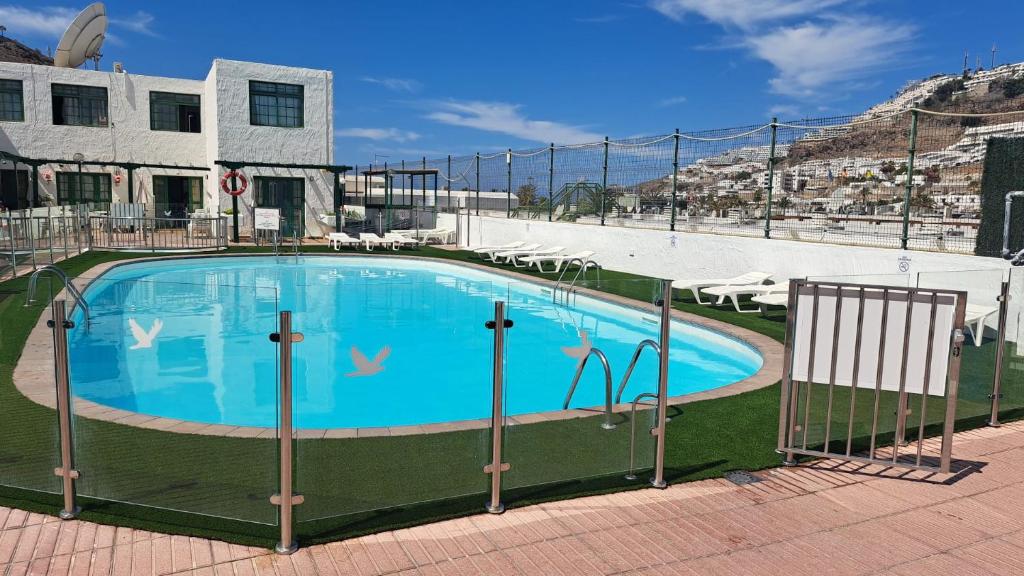 a large blue swimming pool in front of a building at Bungalows Boston in Puerto Rico de Gran Canaria