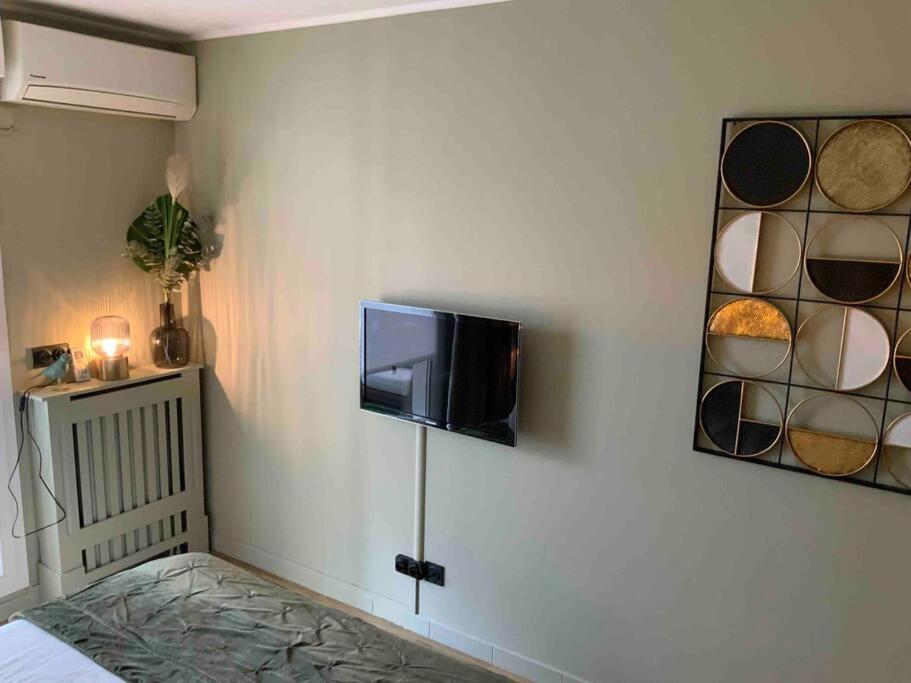 Cette chambre dispose d'une télévision murale. dans l'établissement L’élégance du prado, à Marseille