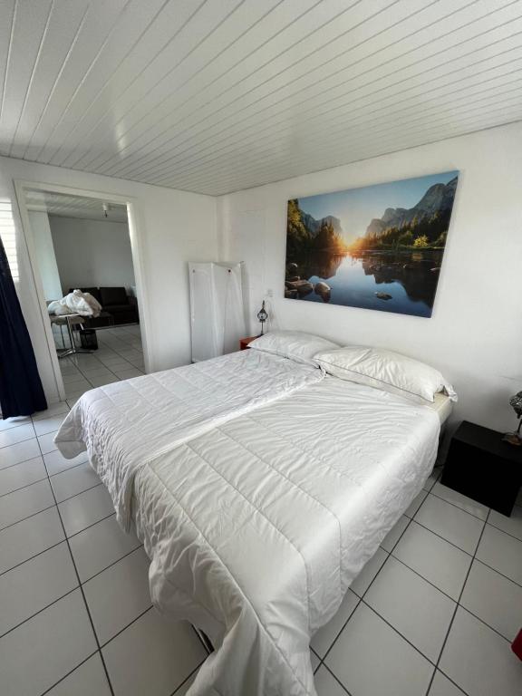 a bedroom with a white bed with a painting on the wall at Guesthouse Juerg in Sempach