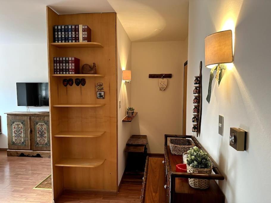 a hallway with a book shelf in a room at Casa Horvais San Candido in San Candido
