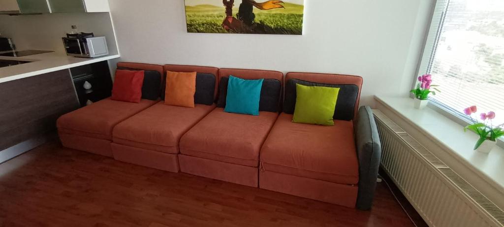A seating area at Juls Apartment next to football and hockey stadium