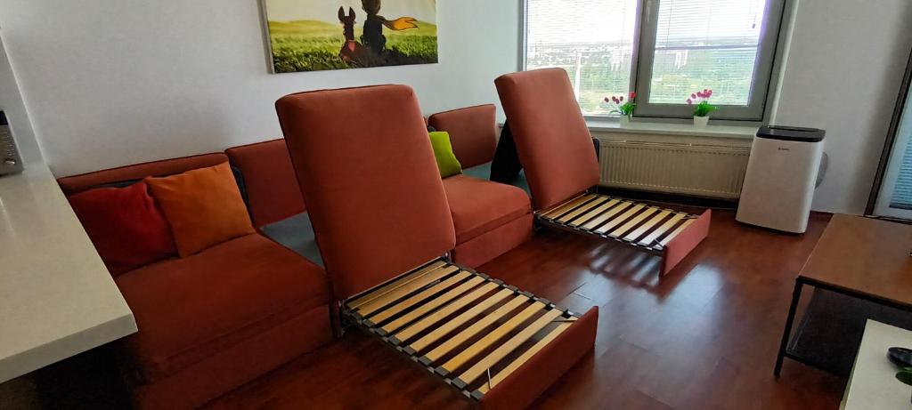 A seating area at Juls Apartment next to football and hockey stadium
