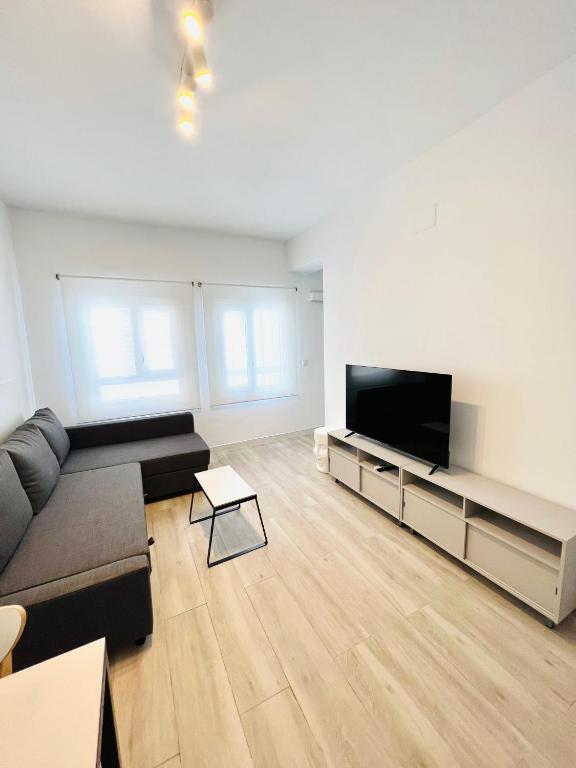 Una sala de estar con un sofá y un televisor de pantalla plana. en Apartamentos Hotel Puente de Hierro, en Benicàssim