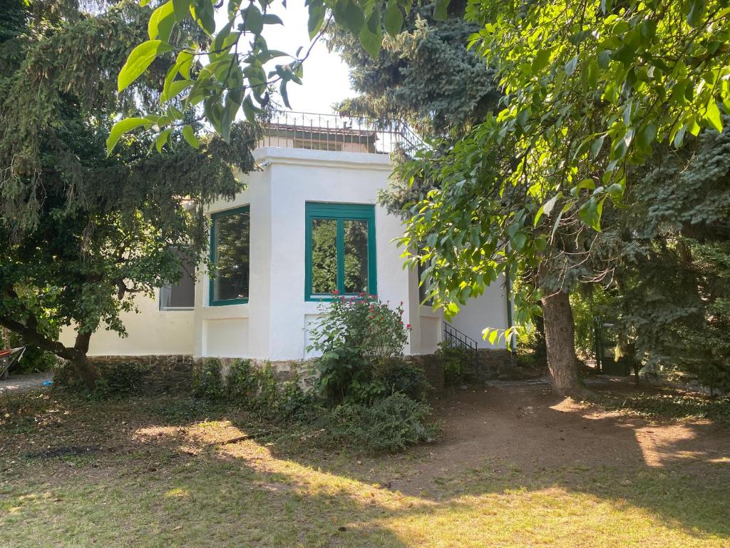 a white house with a blue window and trees at Villa Délibáb in Badacsonytomaj