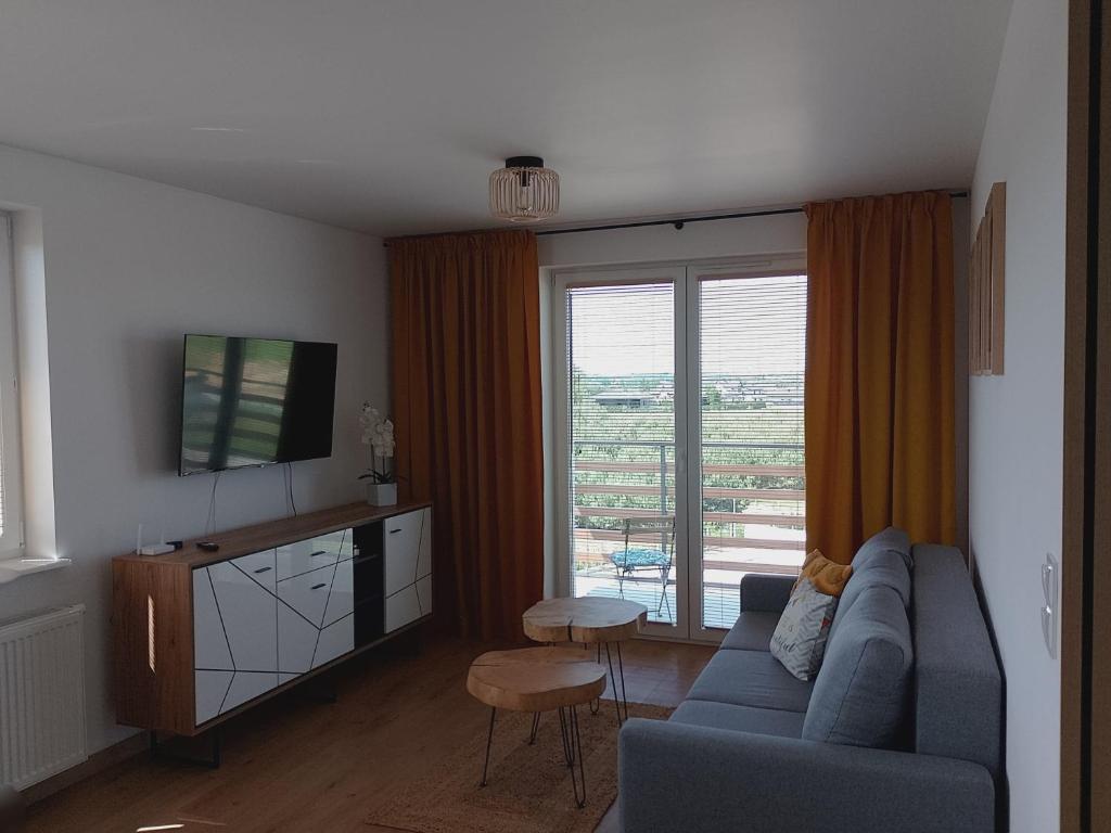 a living room with a blue couch and a large window at Apartament Green Town Rybno Warmia Mazury in Rybno