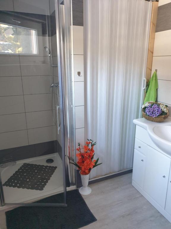 een badkamer met een douche, een wastafel en een vaas met bloemen bij Chata pod zubačkou in Tatranska Strba