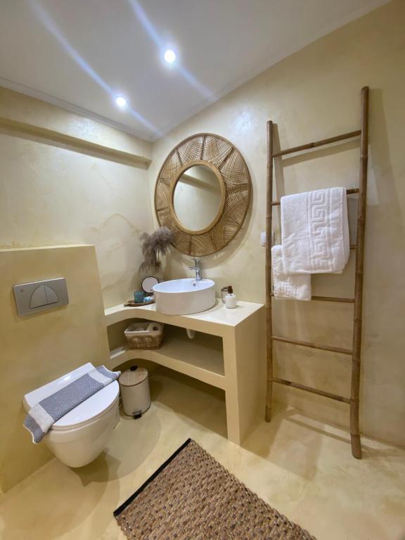 a bathroom with a toilet and a sink and a mirror at Dream house Villa in Alyki