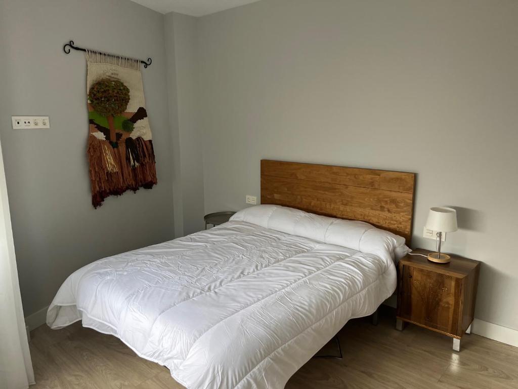 1 dormitorio con cama blanca y cabecero de madera en Salgeta Reformado amplio y acogedor con wifi, en Barakaldo