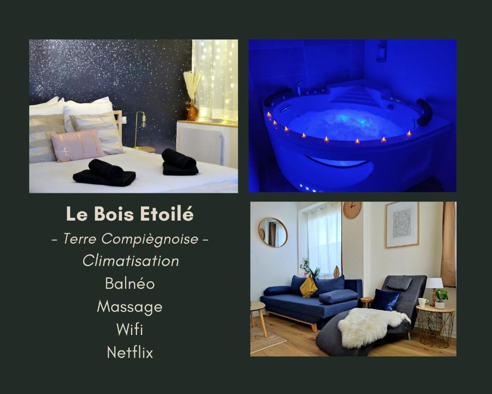 un collage de tres fotos de una habitación con bañera en NOUVEAU*Le Bois étoilé*Balnéo*Massage*Détente*Wifi*Netflix*Self-checkin, en Venette