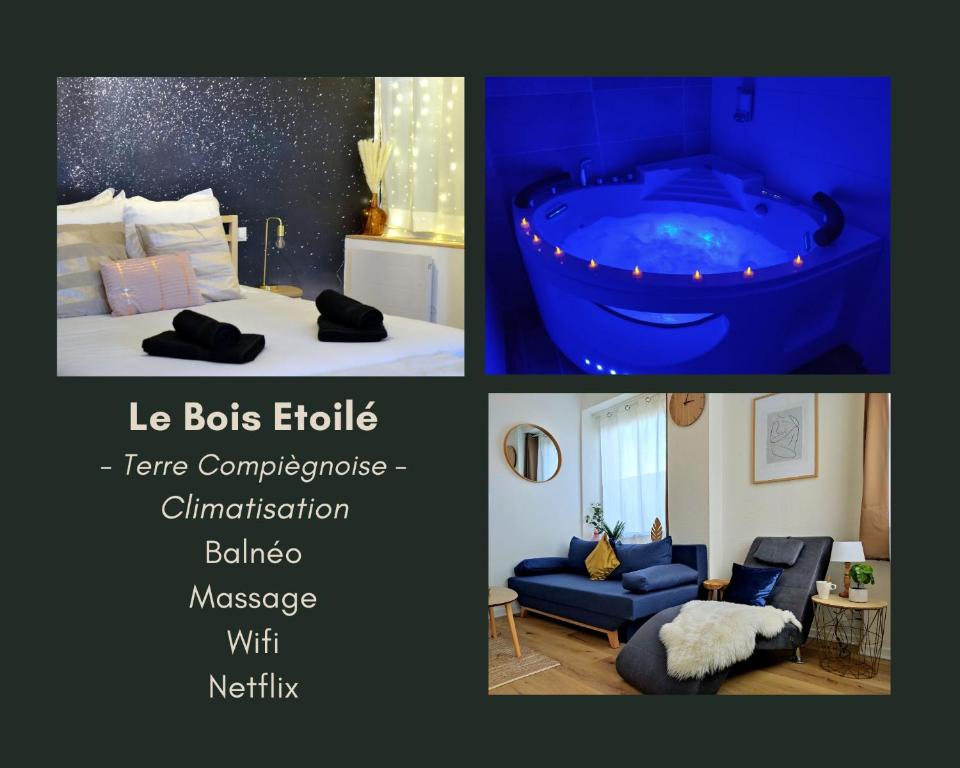 a collage of three pictures of a room with a tub at NOUVEAU*Le Bois étoilé*Balnéo*Massage*Détente*Wifi*Netflix*Self-checkin in Venette