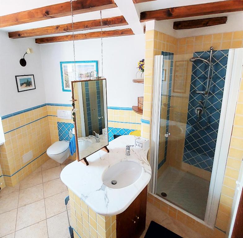 La salle de bains est pourvue d'un lavabo et d'une douche. dans l'établissement Vista Paradiso, à Lerici