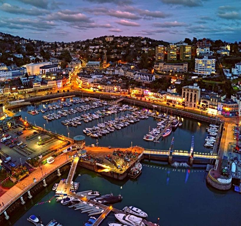 a harbor with boats in the water at night at Yardley Manor Hotel in Torquay