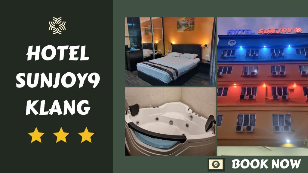 a collage of pictures of a hotel with a hot tub at Hotel Sunjoy9 Klang in Klang