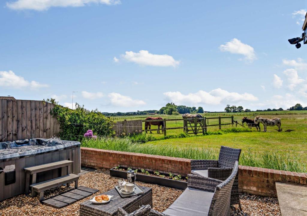 a patio with two chairs and horses in a field at Swallows Return - Colkirk in Colkirk