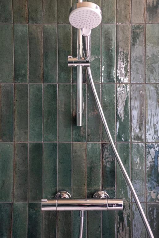 a shower head in a bathroom with green tiles at Le petit Gratte Ciel cosy 3 pers Villeurbanne in Villeurbanne