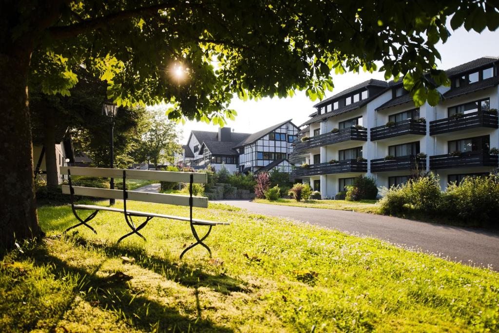 un banc de parc assis sous un arbre à côté d'un bâtiment dans l'établissement Sporthotel Grafenwald, à Daun