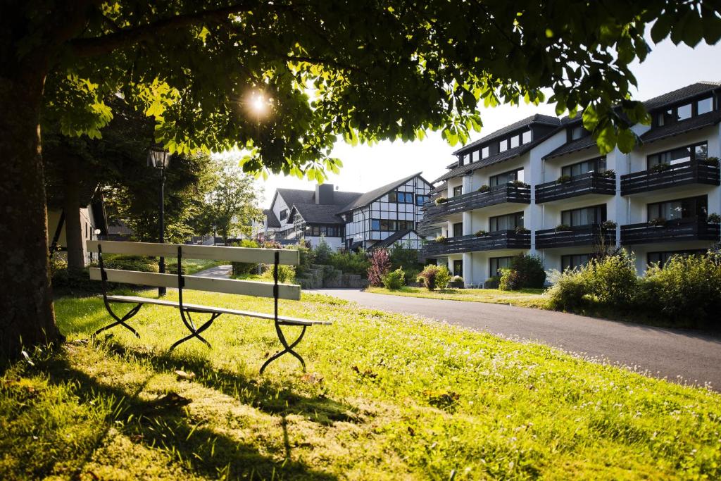 una panchina da parco seduta sotto un albero accanto a un edificio di Sporthotel Grafenwald a Daun