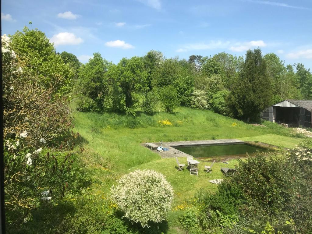 una vista aérea de un patio con un estanque en La ferme aux oiseaux B&B, en Beaumont