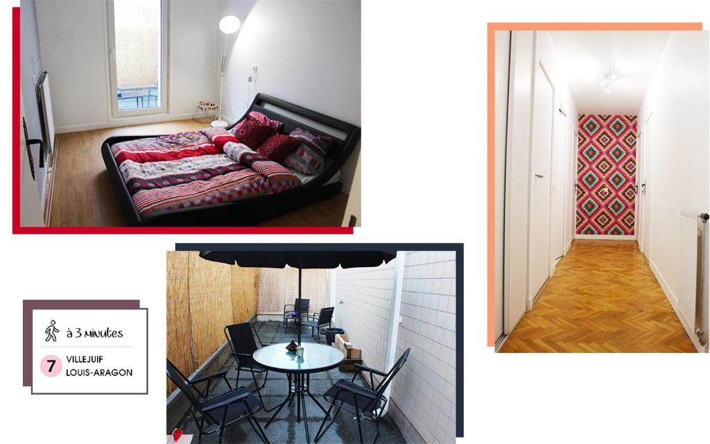 - une chambre avec un canapé, une table et une porte dans l'établissement Cosy bedroom in ideal apartment, à Villejuif
