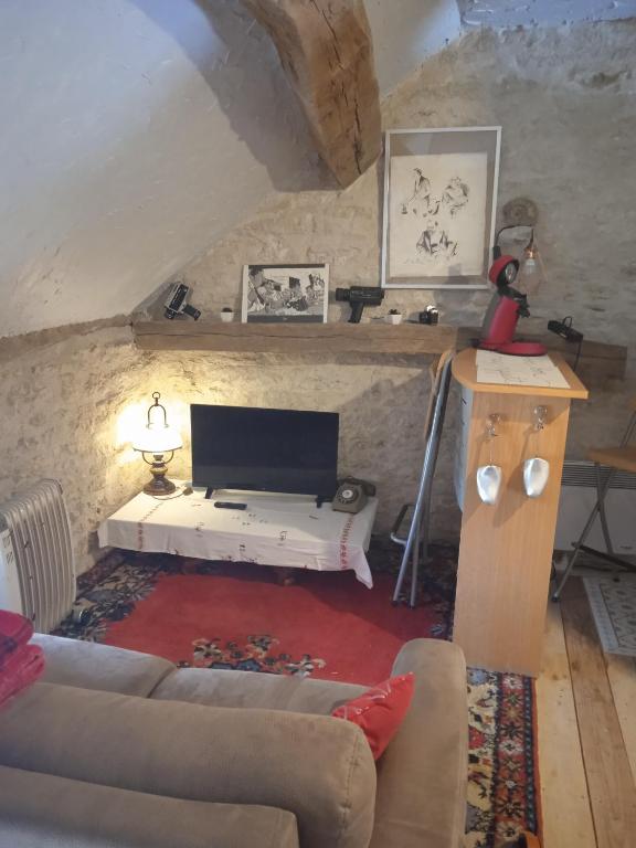 uma sala de estar com um sofá e uma televisão em Loft vintage avec cuisine intégrée em Pouilly-en-Auxois