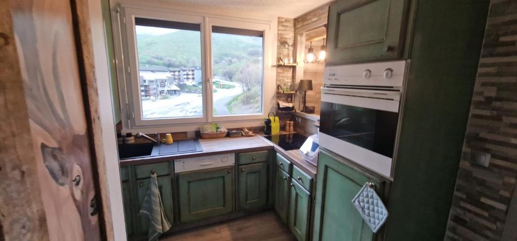 eine Küche mit grünen Schränken und einem Fenster in der Unterkunft Appartement Montagne in Saint-François-Longchamp