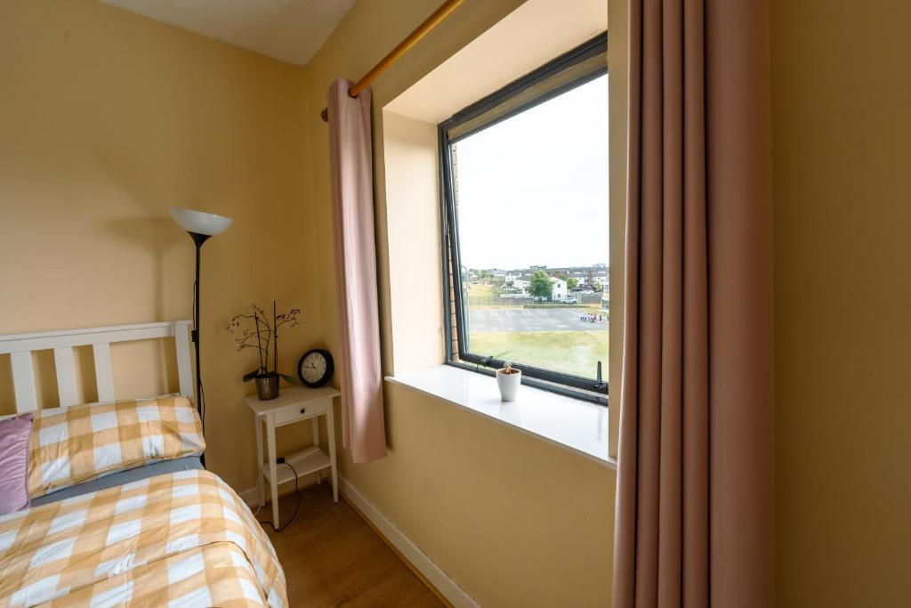 a bedroom with a bed and a large window at Bright View in Dublin