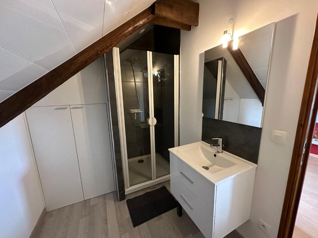 a bathroom with a sink and a shower at La maison du Chêne 1 in Miniac-Morvan