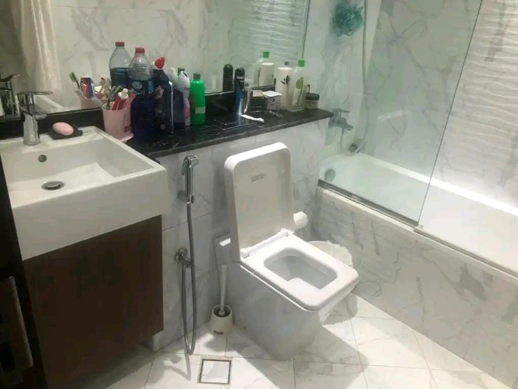a bathroom with a toilet and a sink and a shower at Moca hostel in Dubai