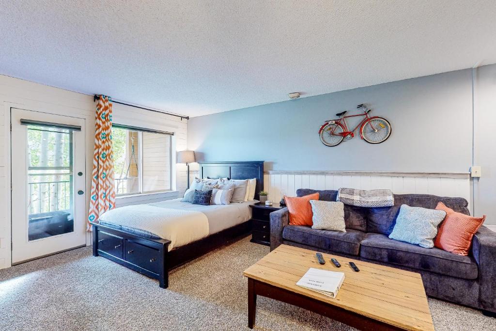 um quarto com uma cama e um sofá e uma bicicleta na parede em Overlook Nook #241 em Granby