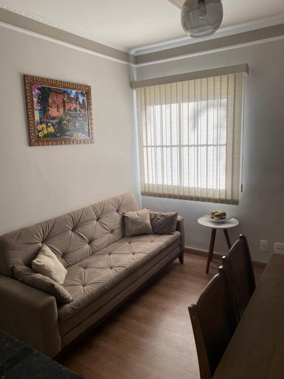 - un salon avec un canapé et une table dans l'établissement Apartamento do Renan, à Espirito Santo Do Pinhal