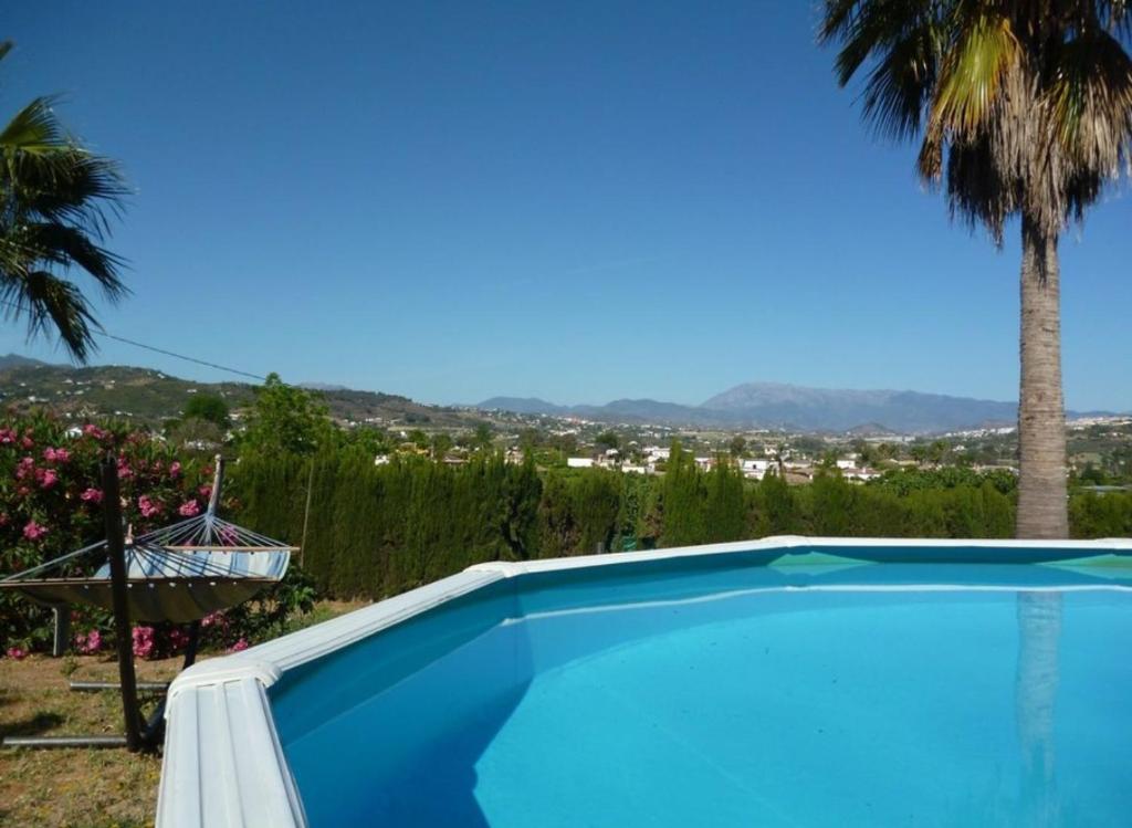 a blue swimming pool with a palm tree in the background at Casita Melanie in Alhaurín el Grande
