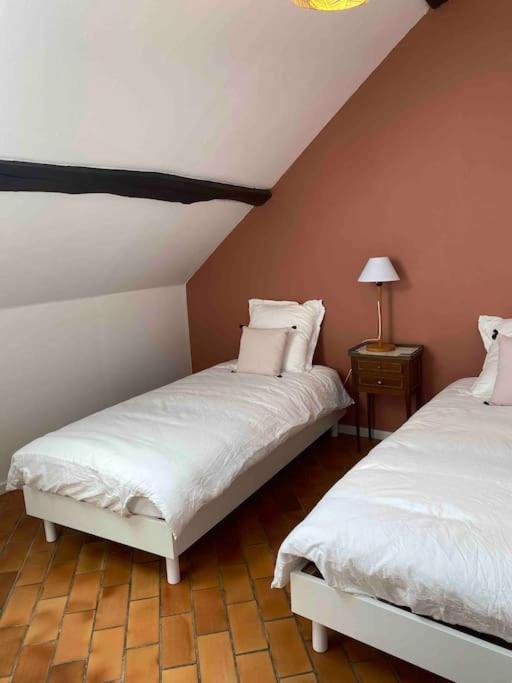 two beds in a room with a attic at La maison du Mineroy in Champignelles
