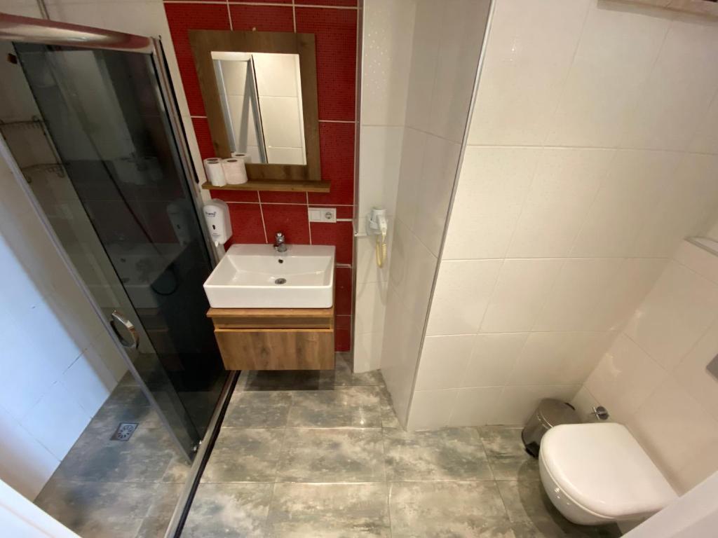 a bathroom with a sink and a shower and a toilet at SİSLİ EV 2 in Istanbul