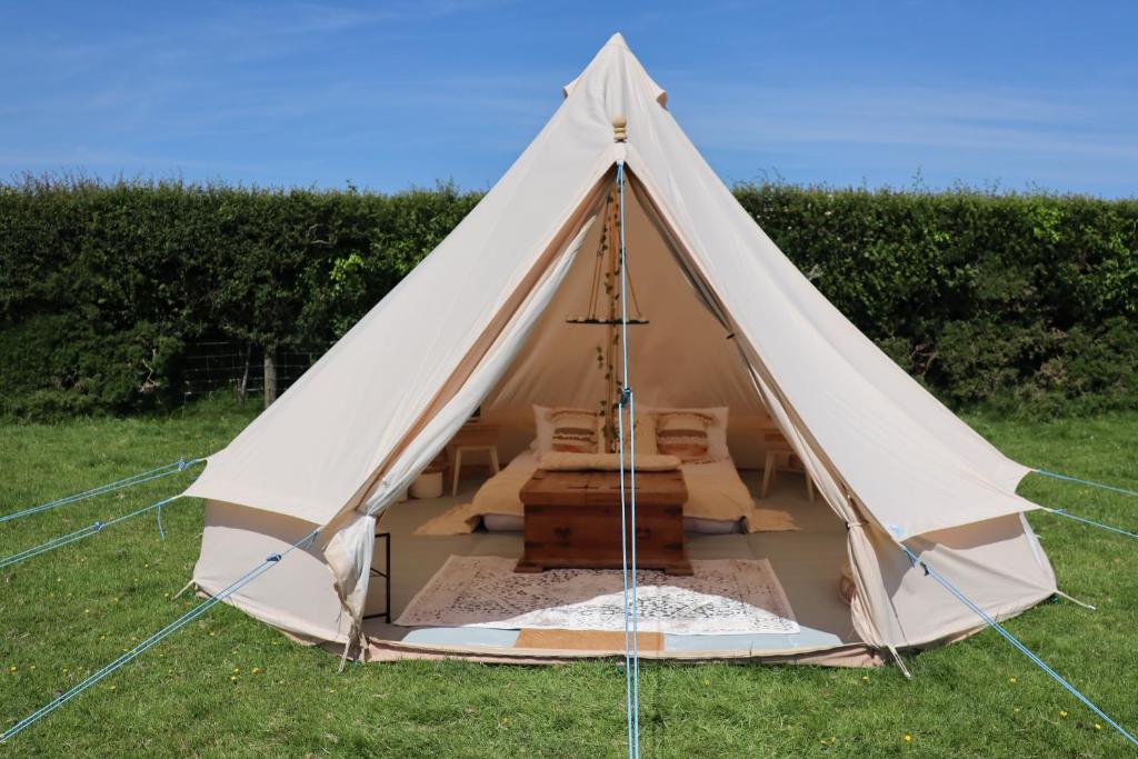 a white tent with several beds in a field at Rescorla Retreats- Poldark in Mevagissey