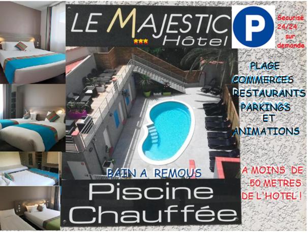 a magazine with a picture of a hotel and a pool at Hotel Le Majestic Canet plage in Canet-en-Roussillon