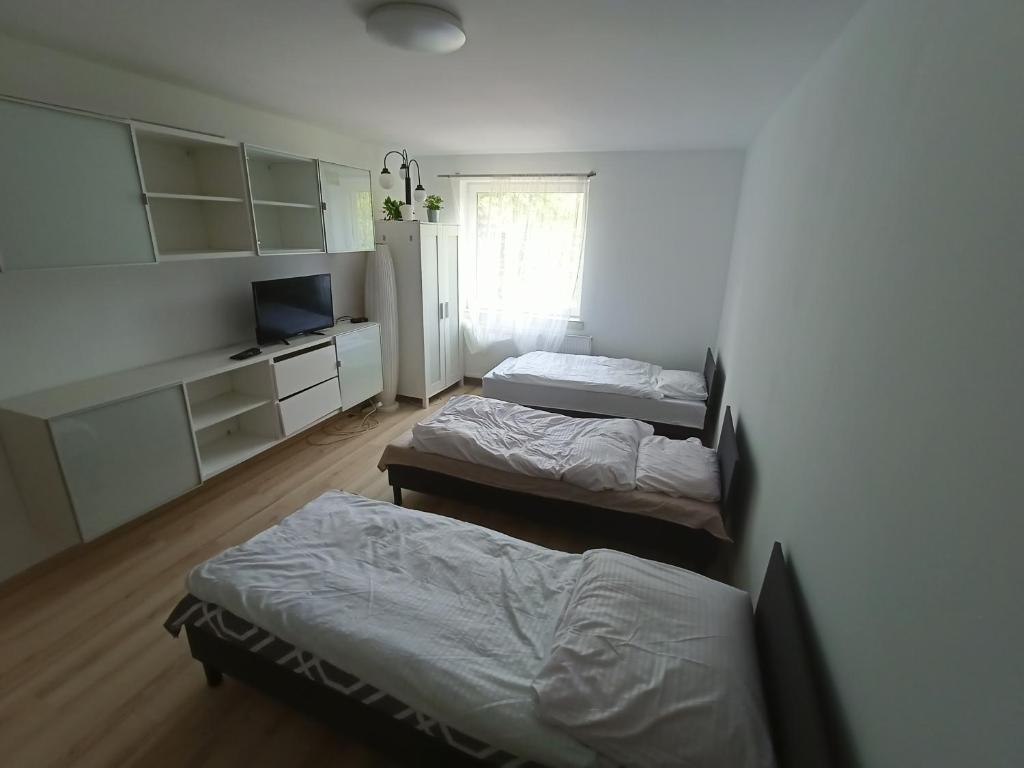 ニエポウォミツェにあるNoclegi Niepołomiceのベッド2台とテレビが備わる客室です。