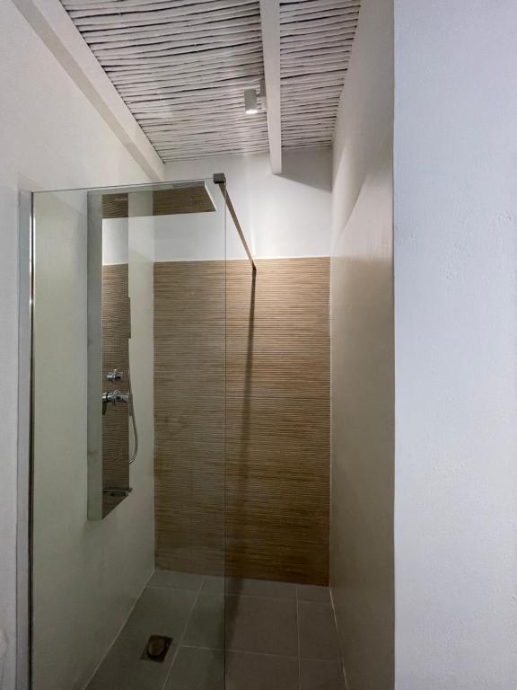 a shower with a glass door in a bathroom at Vie rêvée luxury suites in Ganema