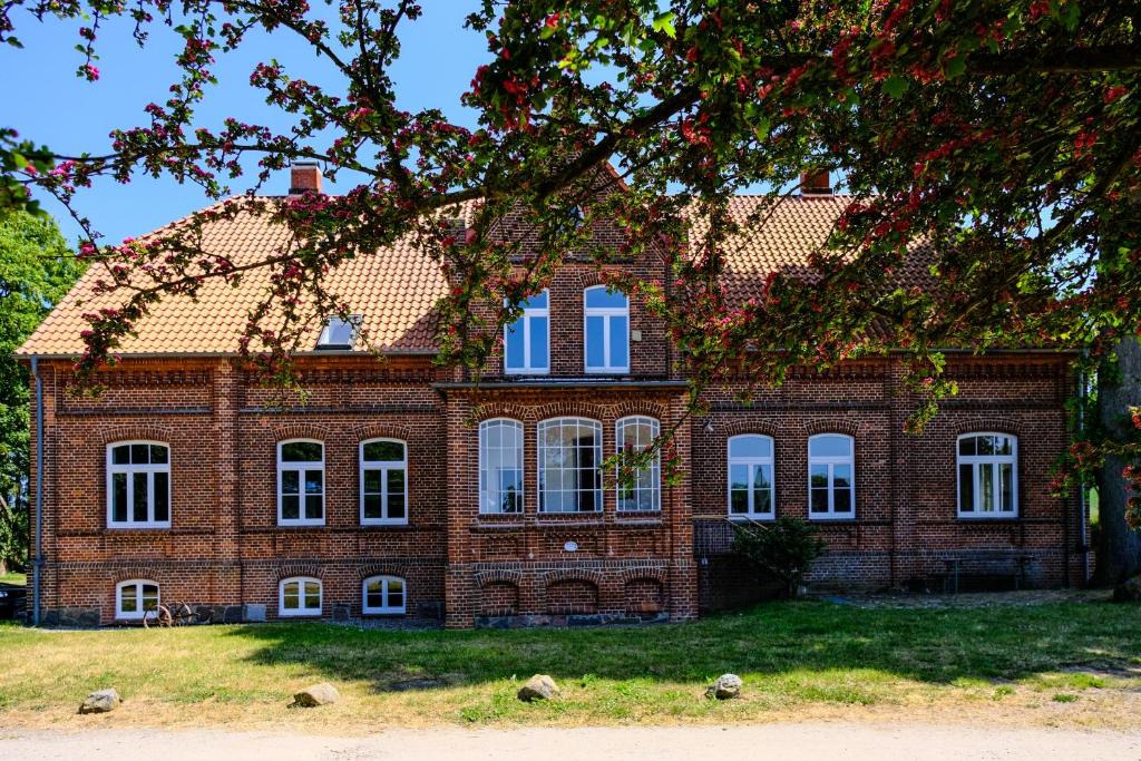 WarnowにあるGutshaus Thorstorf FeWo Travemündeの白窓と木が植えられた赤レンガ造りの家
