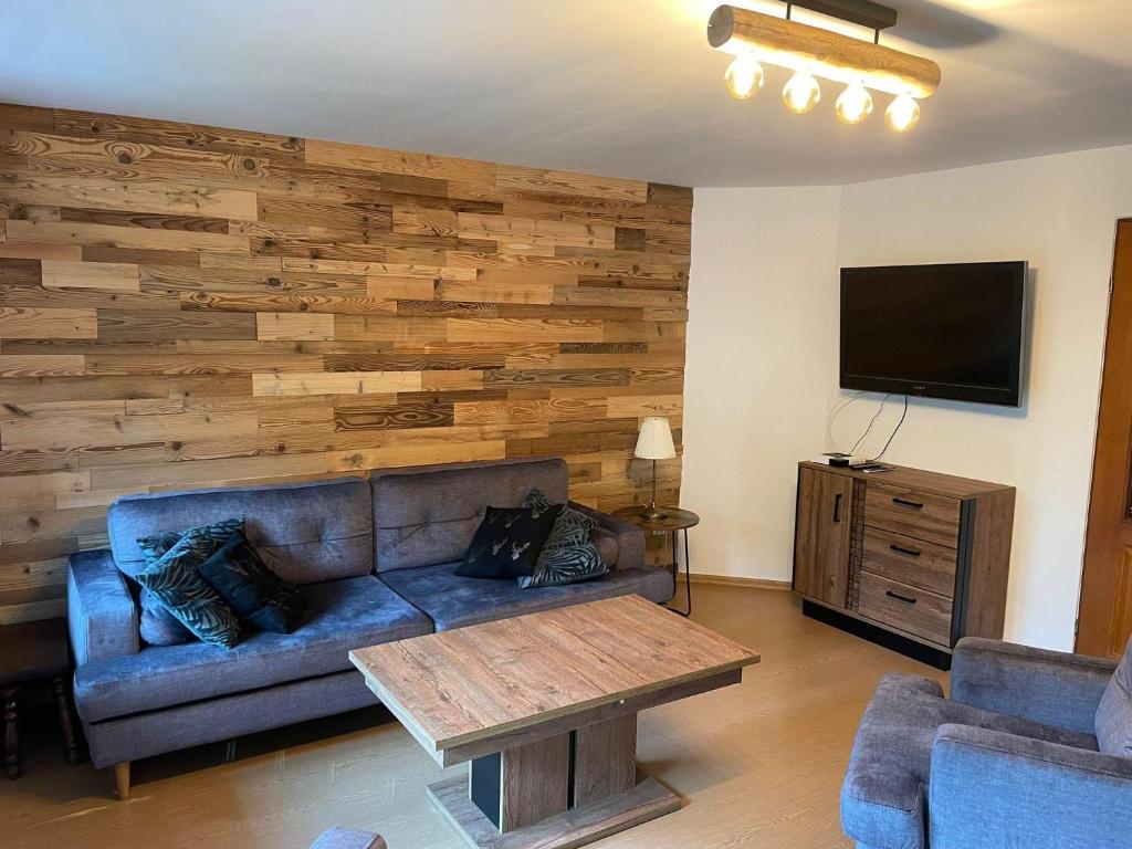 a living room with a blue couch and a wooden wall at Domek Bogusza in Kamionka Wielka