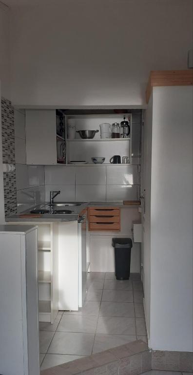 a small kitchen with white cabinets and a sink at Mas Vincent in La Fare-les-Oliviers