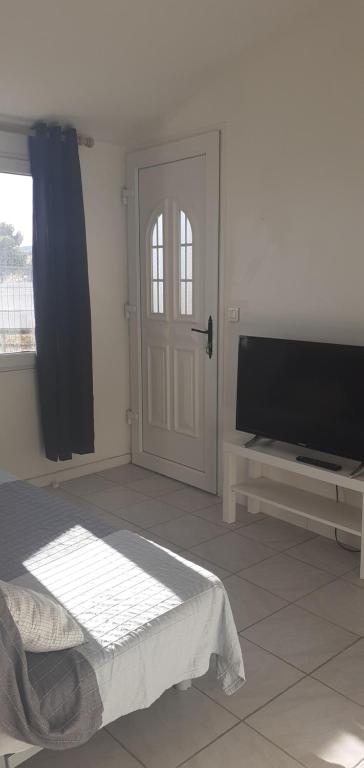 a bedroom with a bed and a flat screen tv at Mas Vincent in La Fare-les-Oliviers