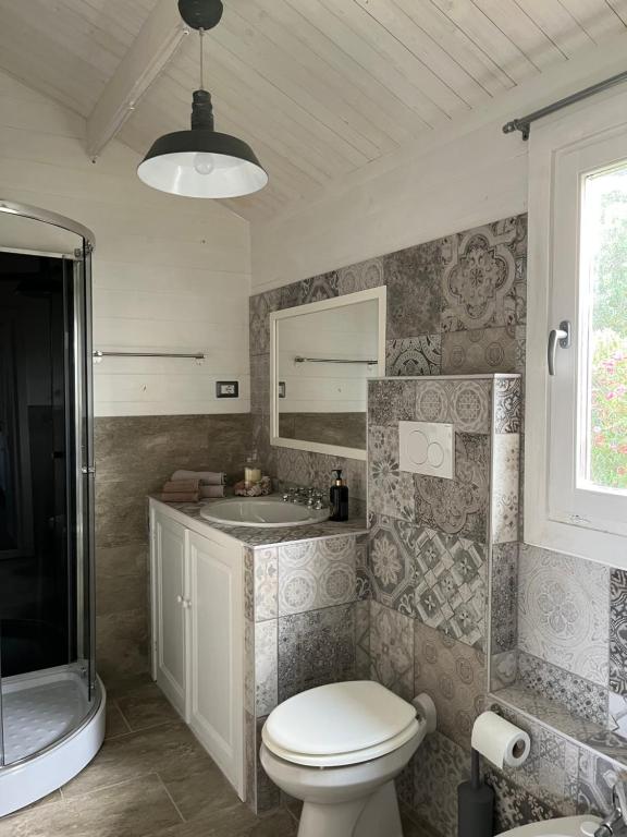 un bagno con un water, un lavandino e uno specchio di S' Ispantu a Olbia